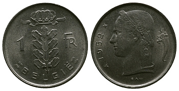 Бельгия 1 франк 1952 Belgie, Бодуэн I (1951-1993) KM 143.1 медно-никель 4384-733