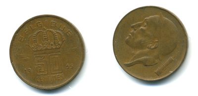 БЕЛЬГИЯ 50 САНТИМОВ 1955 BELGIQUE KM 144 бронза 86-837