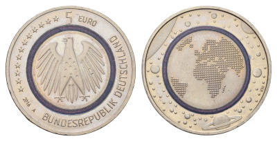 Германия 5 евро 2016 A, Планета Земля KM 348 триметалл UNC 1523-941
