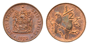 ЮАР 1/2 цента 1970 два капских воробья на ветке KM 81 бронза UNC 4690-1136