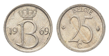 Бельгия 25 сантимов 1969 Belgie, Бодуэн I (1951-1993) KM 154 медно-никель 4705-351