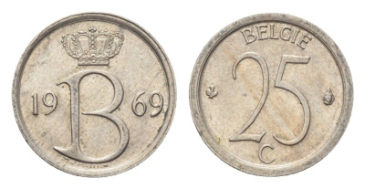 Бельгия 25 сантимов 1969 Belgie, Бодуэн I (1951-1993) KM 154 медно-никель 4705-351
