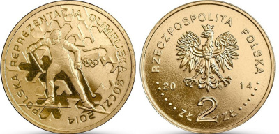 Польша 2 злотых 2014 MW, XXII зимние Олимпийские игры 2014 года в Сочи, лыжник KM 893 нордик UNC 4514-743