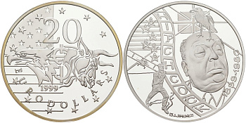 Нидерланды 20 евродолларов 2001 Альфред Хичкок (1899-1980), диаметр 39 мм., в коробке, с сертификатом серебро PROOF 00-00