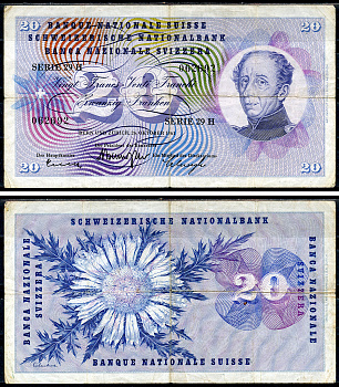 Швейцария 20 франков 1961 Гийом-Анри Дюфур, подписи Brenno Galli, Schwegler, Kunz Pick 46 i (1)  бумага   6266-46-2-1