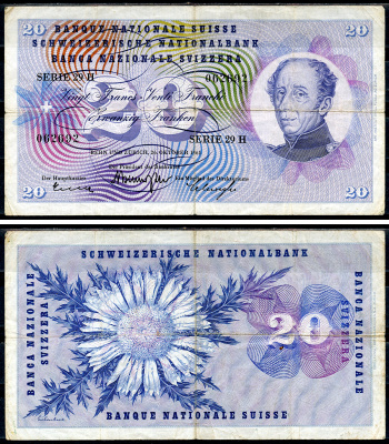 Швейцария 20 франков 1961 Гийом-Анри Дюфур, подписи Brenno Galli, Schwegler, Kunz Pick 46 i (1)  бумага   6266-46-2-1