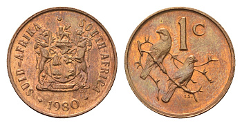 ЮАР 1 цент 1980 герб, капские воробьи KM 82 бронза UNC 4690-1227