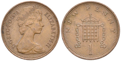 Великобритания 1 пенни 1979 Елизавета II (1952-2022) KM 915, Spink 4237 (B1) бронза 4577-416