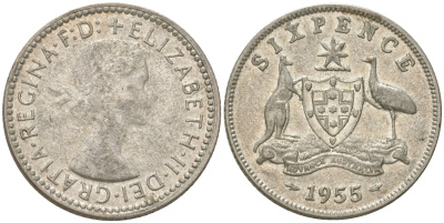 Австралия 6 пенсов 1955 Елизавета II (1952-2022) KM 58 серебро 4623-243