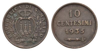Сан-Марино 10 чентезимо 1935 KM 13 бронза 4178-326
