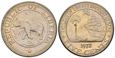Либерия 5 центов 1972  KM 14 медно-никель  UNC  220-1244