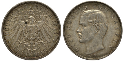 Бавария 3 марки 1911 Отто (1886-1913) Weege 45, J. 47, KM 515 серебро 3711-2015