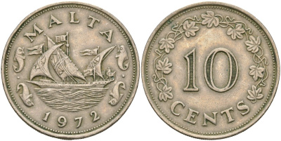 Мальта 10 центов 1972 баржа Великого магистра KM 11 медно-никель 4137-831