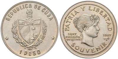 Куба 1 песо 1987 90 лет "сувенирного" песо KM 165 медно-никель UNC 4165-1114