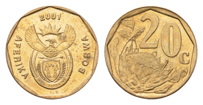 ЮАР 20 центов 2001 герб, цветок протея KM 225 сталь плакированная латунью UNC 4694-924