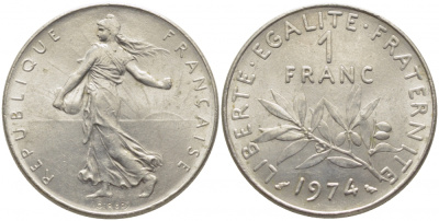 ФРАНЦИЯ 1 ФРАНК 1974 СЕЯТЕЛЬ KM 925.1 никель 3856-751
