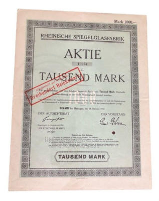 Германия акция на 1000 марок 1922 компании «Rheinische Spiegelglasfabrik» / Рейнская фабрика зеркального стекла бумага 5555-8