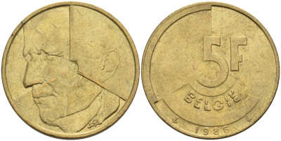 Бельгия 5 франков 1986 Belgie KM 164 алюминиевая бронза 4126-245