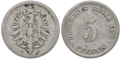 Германия 5 пфеннигов 1875 C, старогербовка KM 3, Jager 3, Weege 5 медно-никель 45-1124