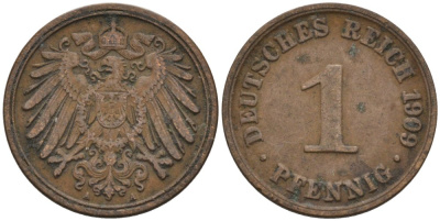 Германия 1 пфенниг 1909 A KM 10, J. 10 медь 4576-112