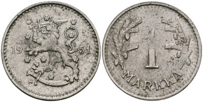 Финляндия 1 марка 1951 Н KM 30b железо 4580-1258