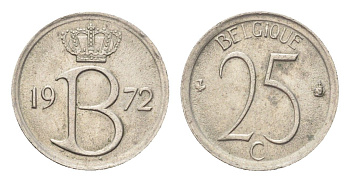 Бельгия 25 сантимов 1972 Belgique, Бодуэн I (1951-1993) KM 153 медно-никель 4705-339