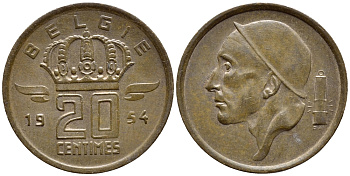 Бельгия 20 сантимов 1954 Belgie, Бодуэн I (1951-1993) KM 147.1 бронза 4383-1152