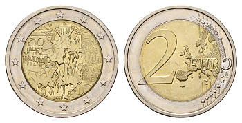Германия 2 евро 2019 D, 30 лет падению Берлинской стены KM 429 биметалл UNC 4695-154