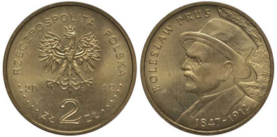 Польша 2 злотых 2012 MW, 100 лет со дня смерти Болеслава Пруса (1847-1912) KM 838 нордик UNC M48-12