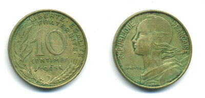 ФРАНЦИЯ 10 САНТИМОВ 1965 ТИП MARIANNE KM 929 медь алюминий никель 84-1611