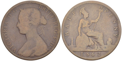 Великобритания 1/2 пенни 1862 Виктория (1837-1901) KM 748.2, Spink 3956 бронза 4543-1146