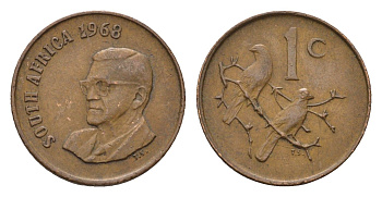 ЮАР 1 цент 1968 Окончание президентства Чарльза Сварта, South Africa, легенда на английском KM 74.1 бронза 4690-1124