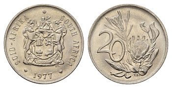ЮАР 20 центов 1977 герб, цветок протея KM 86 никель UNC 4693-727