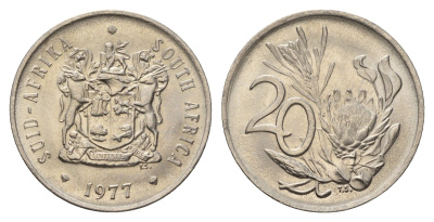 ЮАР 20 центов 1977 герб, цветок протея KM 86 никель UNC 4693-727