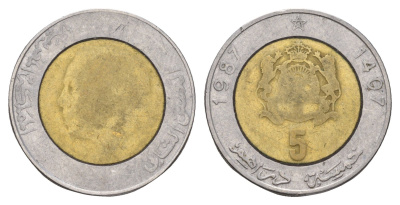 Марокко 5 дирхамов 1987 AH 1407, Хасан II (1961-1999) Y 82 биметалл 4675-126