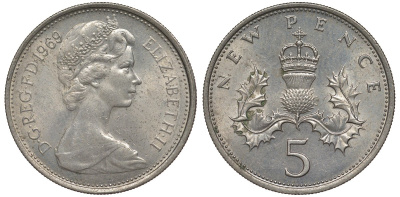 Великобритания 5 пенсов 1969 Елизавета II (1952-2022) KM 911, Spink 4233 (D1) медно-никель 4128-844