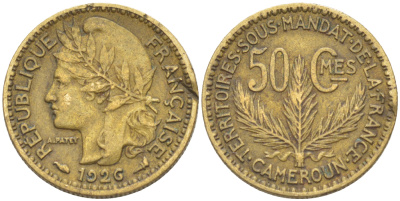 Французский Камерун 50 сантимов 1926 (а), монетный двор Париж KM 1 алюминиевая бронза 35-1364