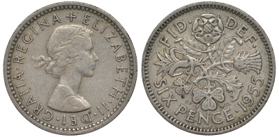 Великобритания 6 пенсов 1955 Елизавета II (1952-2022) KM 903, Spink 4149 медно-никель 4128-827