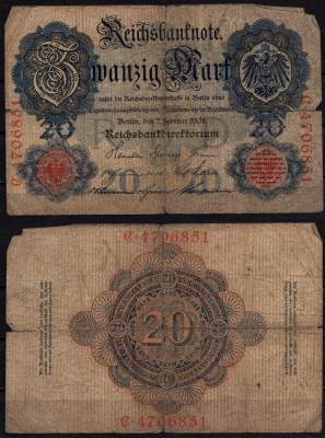 Германия 20 марок 1908 Pick 31 бумага 6293-30-2-2