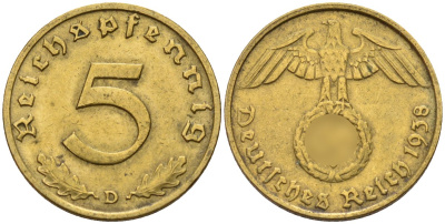 Германия 5 рейхспфеннигов 1938 D KM 91, J. 363 алюминиевая бронза 4151-834