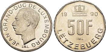 Люксембург 50 франков 1990 Великий герцог Жан (1964-2000), тираж 10.000 экземпляров KM 66 никель  BU  4635-1157