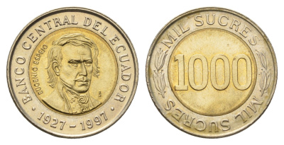 Эквадор 1000 сукре 1997 70 лет Центробанку KM 103 биметалл UNC 4698-716