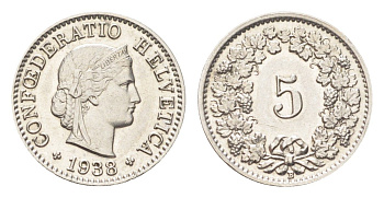 Швейцария 5 раппенов 1938 B KM 26b никель 4705-1232