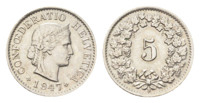 Швейцария 5 раппенов 1947 B KM 26 медно-никель 4705-1239