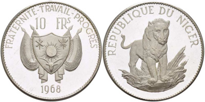 Нигер 10 франков 1968 лев, без черты над Е, в слове Republique KM 8.2 серебро PROOF 02-078-34