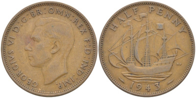 Великобритания 1/2 пенни 1943 Георг VI (1936-1952) KM 844, Spink 4115 бронза 4538-136