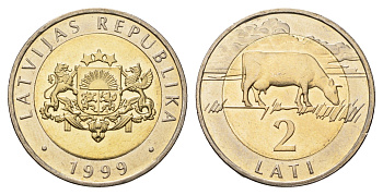 Латвия 2 лата 1999 корова KM 38 биметалл UNC 23-135