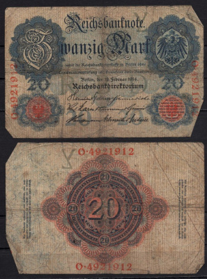 Германия 20 марок 1914 Pick 46b бумага 8592-18-4-2