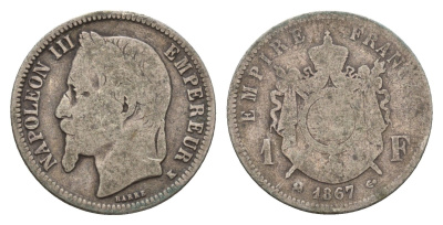 Франция 1 франк 1867 K, Наполеон III (1852-1870) KM 866.3 серебро 51-1735