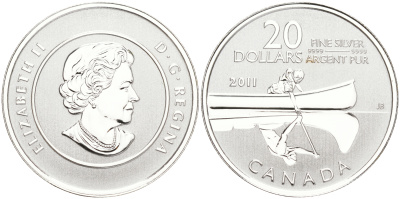 Канада 20 долларов 2011 каноэ, Елизавета II KM NEW серебро UNC 02-265-37